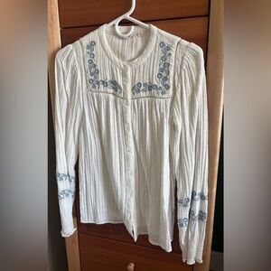 Fat Face White Blouse with Blue Embroidery